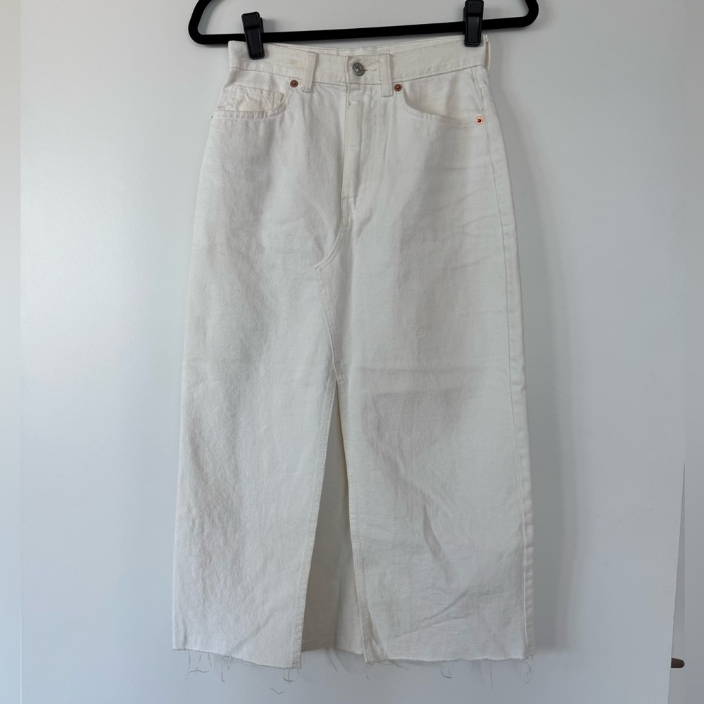 MNG White Denim Midi Skirt with Front Slit